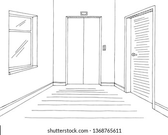 Corridor graphic black white interior sketch illustration vector