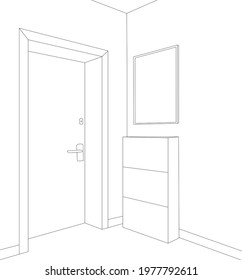 corridor hallway with door sketch, isolated