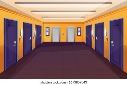 Corridor in hotel, empty hostel hallway interior with elevator and closed doors. Motel hall background. Vector concept, architecture background.