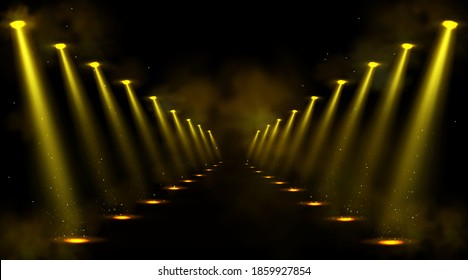 Corridor illuminated by spotlights. Empty road or gallery with yellow beams of lamps and spots of light on floor. Vector realistic interior of dark hall, studio or theater stage with projectors rays