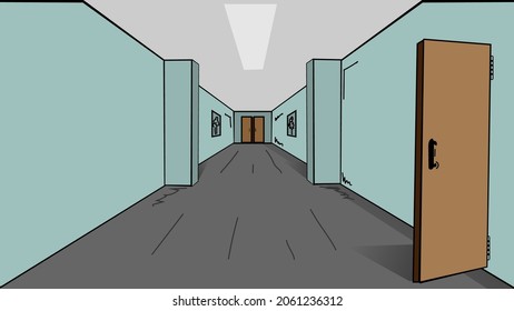 The corridor in the institution. Vector image of an empty corridor with an open door. The corridor is located in the administration building, school or hospital.