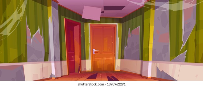 Korridor Innere des alten verlassenen Hauses mit geschlossenen Türen zu den Zimmern, gebrochenem Boden und Decke. Vektorgrafik-Illustration eines leeren Hausflusses mit Durcheinander, zerrissenen grünen Bildschirmhintergründen und Spinnennetz