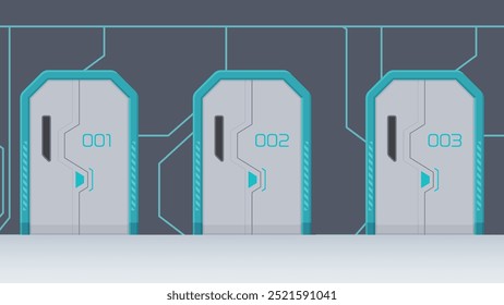 Ein Korridor, der mit Türen mit einer futuristischen Atmosphäre ausgekleidet ist_Illustration eines kühlen Tores_16:9