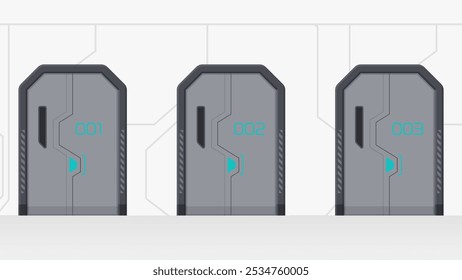A corridor lined with doors with a futuristic atmosphere_Illustration of a cool gate_16:9