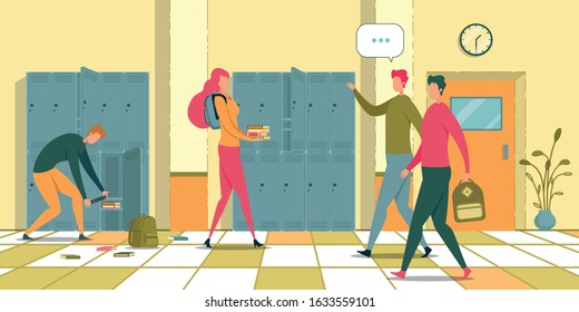 Corridor with Lockers, Girl Open One to Put Books Flat Cartoon Vector Illustration. Boy Collecting Fallen Textbooks. Two Friends Going to Classes, Boy Greeting with Female Character.