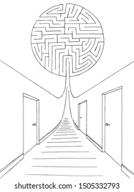 Corridor maze labyrinth graphic black white interior sketch illustration vector