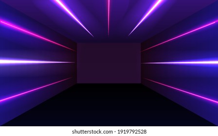 Corridor with neon luminous fluorescent lamps turned on. Futuristic architecture background. Concrete wall. Vector illustration