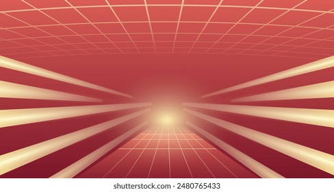 Corridor stretches into light dotted with lights leading. Light on the floor background