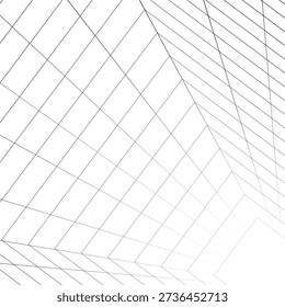 Corridor with wavy side walls receding into distance. Moving energetic grid structure of fine lines. Simple black and white dynamic vector background