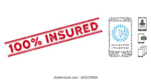 Corroded red stamp seal with 100% Insured text inside double parallel lines, and mosaic Euro smartphone banking icon.