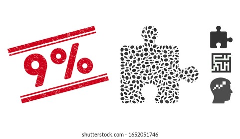 Corroded red stamp seal with 9% text between double parallel lines, and mosaic puzzle plugin icon. Mosaic vector is composed from puzzle plugin icon and with randomized elliptic spots.
