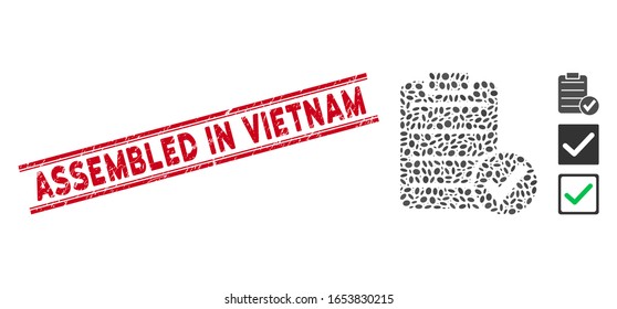 Corroded red stamp seal with Assembled in Vietnam caption between double parallel lines, and mosaic approve test icon. Mosaic vector is designed with approve test icon and with random ellipse spots.