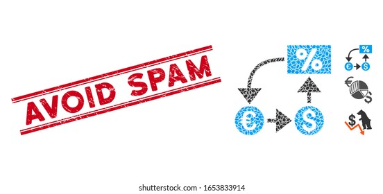 Sello de sello rojo corrogado con texto Evitar spam dentro de líneas paralelas dobles e icono de flujo de efectivo de la moneda de mosaico. El vector mosaico está diseñado con un icono de flujo de efectivo y con puntos elípticos aleatorizados.