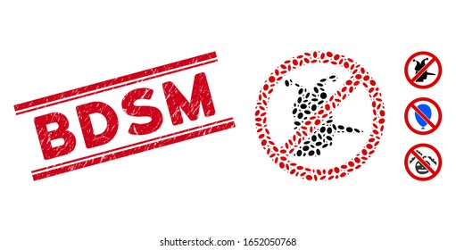 Corroded red stamp seal with Bdsm caption inside double parallel lines, and mosaic no fool clown icon. Mosaic vector is composed with no fool clown icon and with randomized elliptic elements.