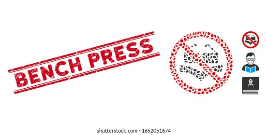 Corroded red stamp seal with Bench Press text inside double parallel lines, and mosaic not read books icon. Mosaic vector is designed with not read books icon and with scattered oval elements.