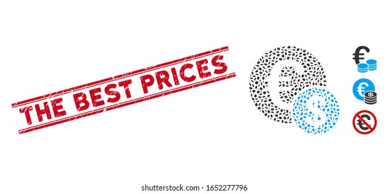 Corroded red stamp seal with The Best Prices text between double parallel lines, and mosaic currency icon. Mosaic vector is created with currency icon and with randomized ellipse items.