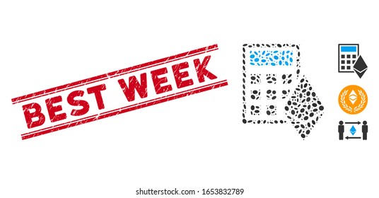 Corroded red stamp seal with Best Week text inside double parallel lines, and collage Ethereum calculator icon. Mosaic vector is designed from Ethereum calculator icon and with random ellipse items.