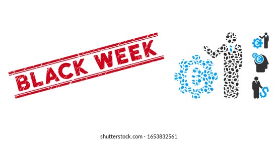 Corroded red stamp seal with Black Week phrase between double parallel lines, and mosaic Euro businessman icon. Mosaic vector is composed with Euro businessman icon and with scattered oval spots.