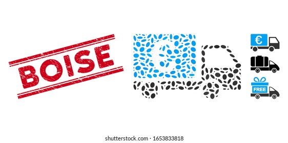 Corroded red stamp seal with Boise phrase inside double parallel lines, and mosaic Euro collector car icon. Mosaic vector is composed with Euro collector car icon and with scattered ellipse spots.