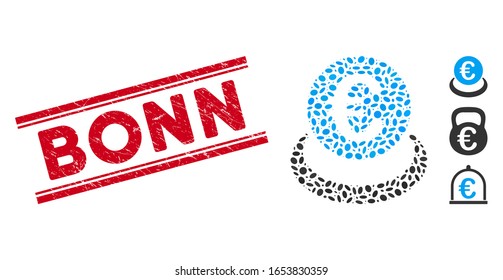Corroded red stamp seal with Bonn caption inside double parallel lines, and mosaic Euro deposit icon. Mosaic vector is composed with Euro deposit icon and with scattered ellipse elements.