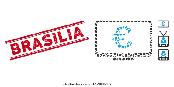 Corroded red stamp seal with Brasilia caption between double parallel lines, and mosaic Euro monitor icon. Mosaic vector is composed with Euro monitor pictogram and with random oval elements.