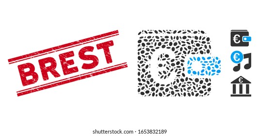 Corroded red stamp seal with Brest text between double parallel lines, and mosaic Euro wallet icon. Mosaic vector is composed with Euro wallet icon and with randomized ellipse spots.