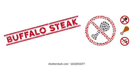Corroded red stamp seal with Buffalo Steak text inside double parallel lines, and mosaic no chicken leg icon. Mosaic vector is formed with no chicken leg pictogram and with random elliptic items.