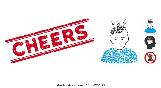 Sello de sello rojo con texto de saludo dentro de líneas paralelas dobles, e icono de dolor de cabeza de mosaico. El vector mosaico está diseñado con pictograma de cefalea y con elementos elipses aleatorizados.