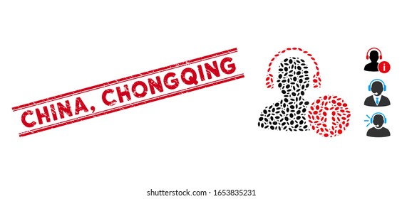 Sello de sello rojo con China, frase de Chongqing entre líneas paralelas dobles e icono del mostrador de ayuda al mosaico. El vector mosaico está diseñado a partir de un icono de mesa de ayuda y con puntos elípticos aleatorizados. China.