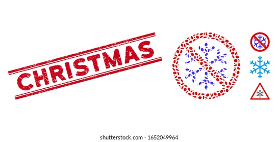Corroded red stamp seal with Christmas text inside double parallel lines, and mosaic no snowflake icon. Mosaic vector is formed with no snowflake icon and with random ellipse items.