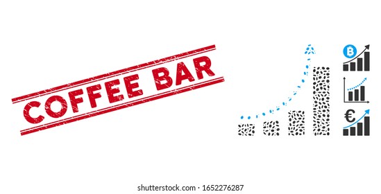 Corroded red stamp seal with Coffee Bar text inside double parallel lines, and mosaic bar chart trend icon. Mosaic vector is formed with bar chart trend icon and with randomized oval elements.