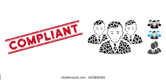 Sello de sello rojo con la frase correspondiente entre líneas paralelas dobles y el icono del grupo del administrador de mosaicos. El vector mosaico está compuesto por un icono de grupo de gerentes y con elementos de elipse dispersos.