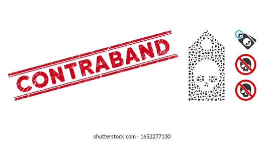 Corroded red stamp seal with Contraband text between double parallel lines, and mosaic death coupon icon. Mosaic vector is created from death coupon icon and with randomized oval elements.