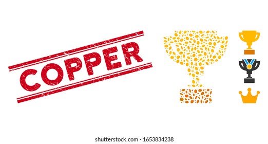 Corroded red stamp seal with Copper text inside double parallel lines, and mosaic gold cup icon. Mosaic vector is created with gold cup icon and with random elliptic spots.