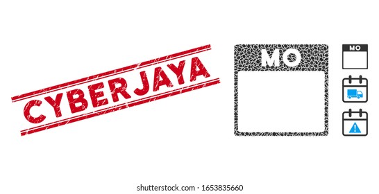 Corroded red stamp seal with Cyberjaya caption between double parallel lines, and mosaic Monday calendar page icon.