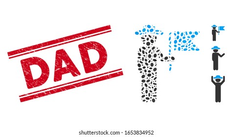 Corroded red stamp seal with Dad caption inside double parallel lines, and mosaic gentleman commander icon. Mosaic vector is formed from gentleman commander icon and with scattered elliptic spots.
