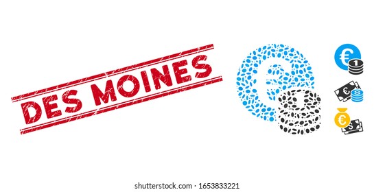Corroded red stamp seal with Des Moines phrase between double parallel lines, and mosaic one Euro coin stack icon.