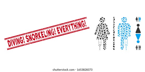 Corroded red stamp seal with Diving! Snorkeling! Everything! caption inside double parallel lines, and collage patient WC persons icon.