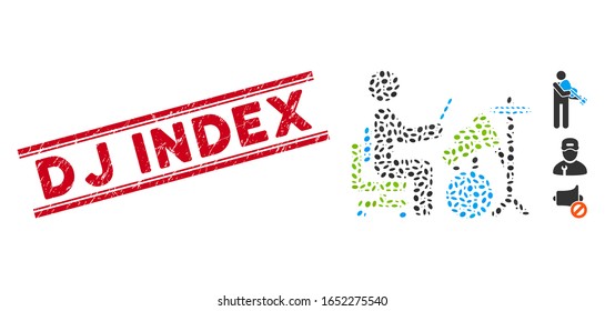 Corroded red stamp seal with Dj Index caption between double parallel lines, and mosaic drummer icon. Mosaic vector is composed from drummer icon and with randomized oval elements.