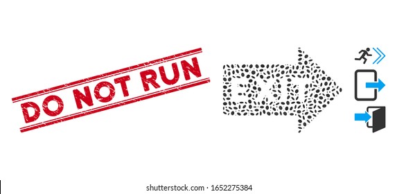 Corroded red stamp seal with Do Not Run text inside double parallel lines, and collage exit arrow icon. Mosaic vector is created with exit arrow icon and with random oval items.