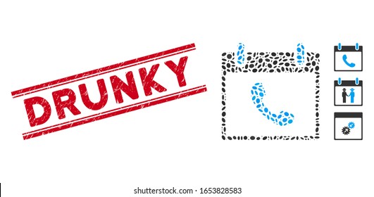 Corroded red stamp seal with Drunky phrase between double parallel lines, and mosaic phone calendar day icon.