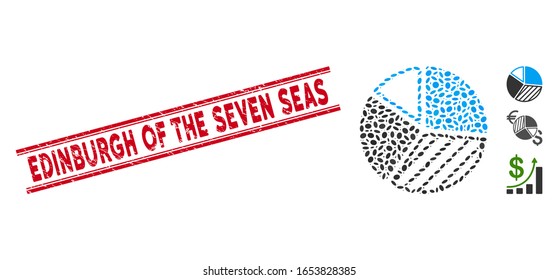 Corroded red stamp seal with Edinburgh of the Seven Seas text inside double parallel lines, and mosaic pie chart icon. Mosaic vector is designed with pie chart icon and with scattered oval elements.