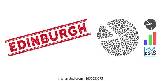 Corroded red stamp seal with Edinburgh caption between double parallel lines, and mosaic pie chart icon. Mosaic vector is composed with pie chart icon and with randomized elliptic elements.