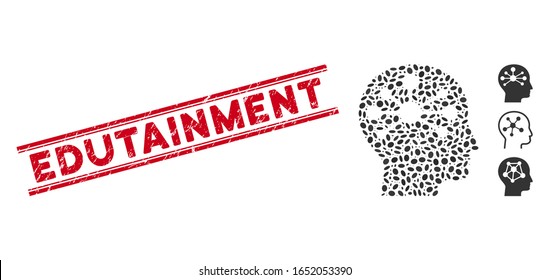 Sello de sello rojo con texto Edutainment entre líneas paralelas dobles y icono del intelecto humano en mosaico. El vector mosaico se forma con un icono de intelecto humano y con elementos de elipse aleatorizados.