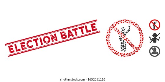 Korrodierte rote Stempeldichtung mit Election Battle Text in doppelten parallelen Linien und Mosaik no hitchhike Symbol. Mosaike Vektorillustration besteht aus einer unsichtbaren Anhalter-Ikone und verstreuten elliptischen Elementen.