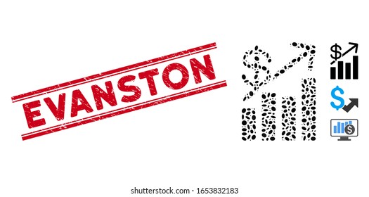 Corroded red stamp seal with Evanston caption inside double parallel lines, and mosaic price growth chart icon. Mosaic vector is formed with price growth chart icon and with randomized ellipse spots.