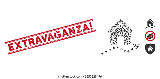 Sello de sello rojo con Extravaganza! dentro de líneas paralelas dobles, e icono de tendencia de realeza de mosaico. El vector mosaico se forma con un icono de tendencia real y con elementos elípticos aleatorios.