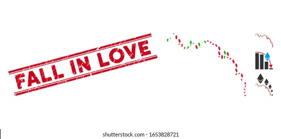 Corroded red stamp seal with Fall in Love phrase between double parallel lines, and collage candlestick chart down icon.