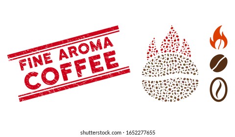Corroded red stamp seal with Fine Aroma Coffee text between double parallel lines, and mosaic fired coffee bean icon.