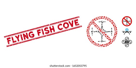 Sello de sello rojo con la leyenda Flying Fish Cove dentro de líneas paralelas dobles, y mosaico no cuadrocopter icono.